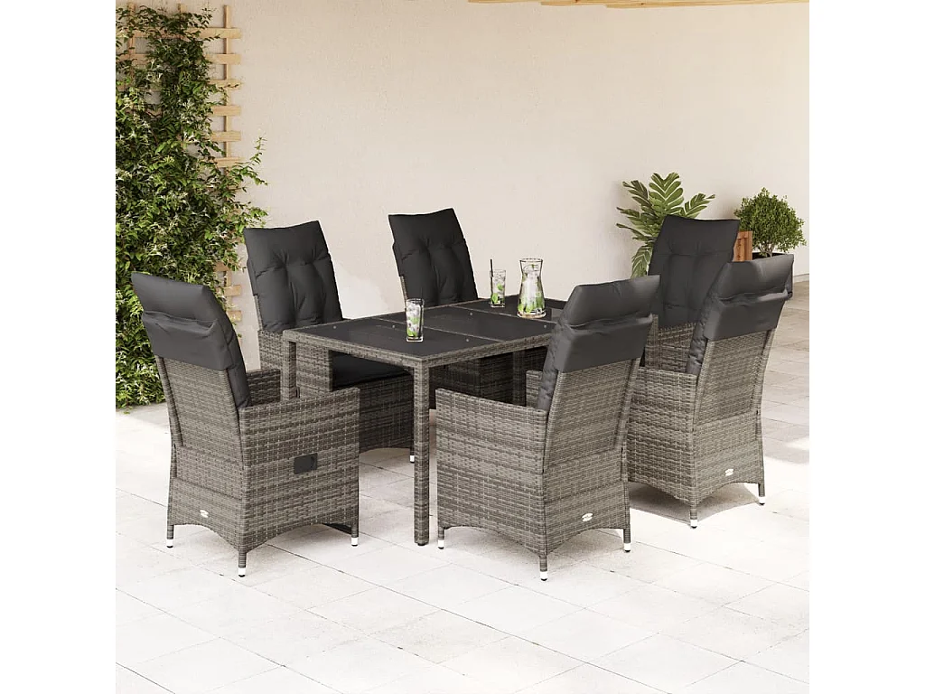 Ensemble à manger de jardin et coussins 7 pièces gris rotin