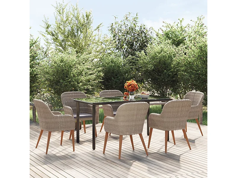 Ensemble à manger de jardin et coussins 7 pièces Marron