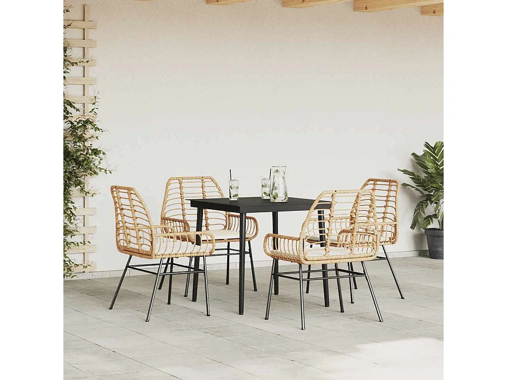 Ensemble à manger jardin coussins 5 pièces marron poly rotin verre