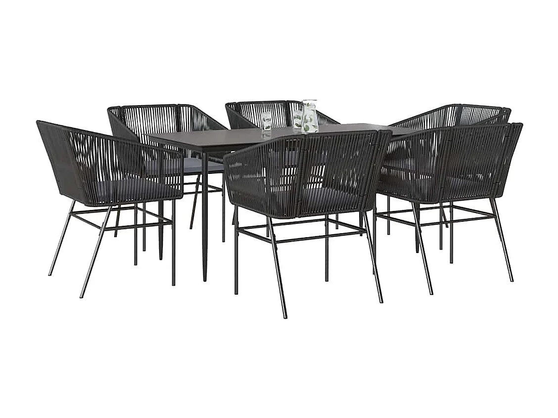 Ensemble à manger de jardin coussins 7pièces noir poly rotin verre