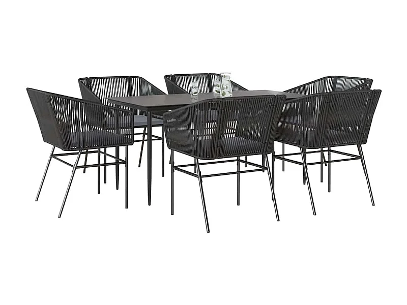 Ensemble à manger de jardin coussins 7pièces noir poly rotin verre