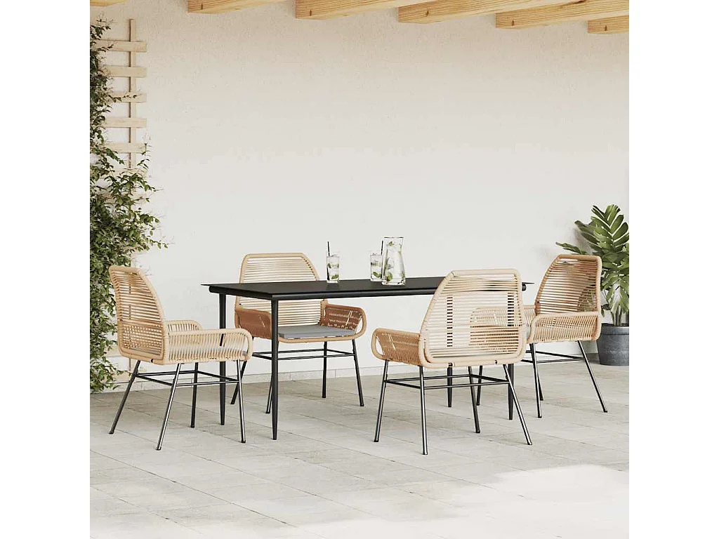 Ensemble à manger jardin coussins 5 pièces marron poly rotin verre