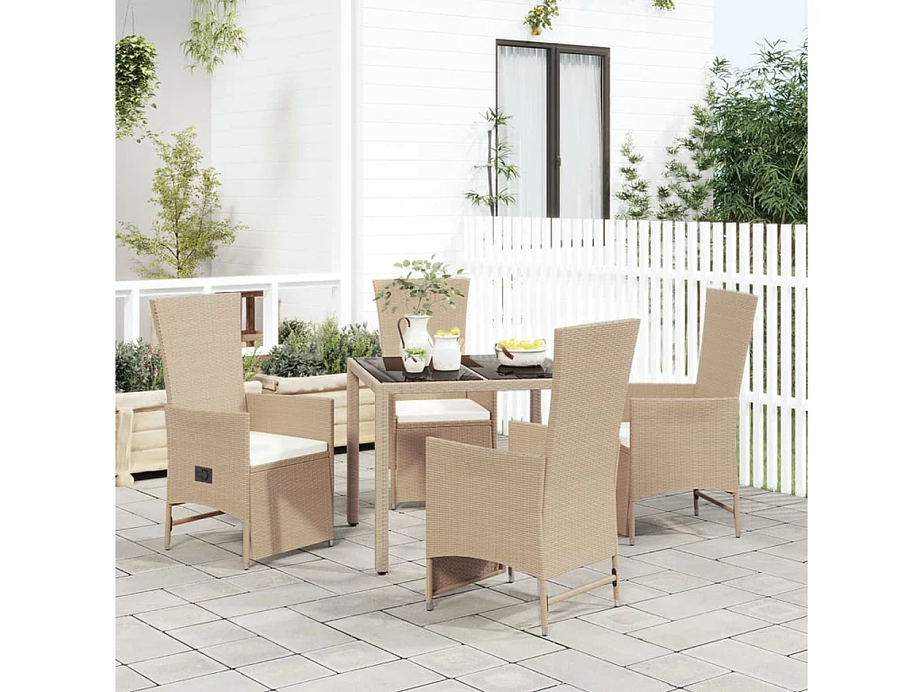 Ensemble à manger de jardin avec coussins 5 pièces Beige poly rotin