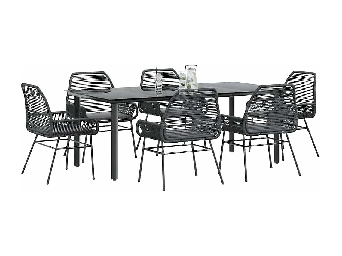 Ensemble à manger de jardin coussins 7pièces noir poly rotin verre