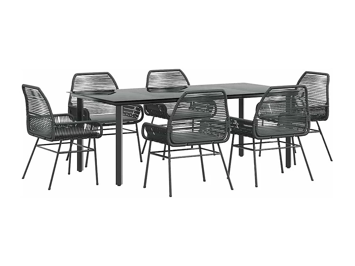 Ensemble à manger de jardin coussins 7pièces noir poly rotin verre