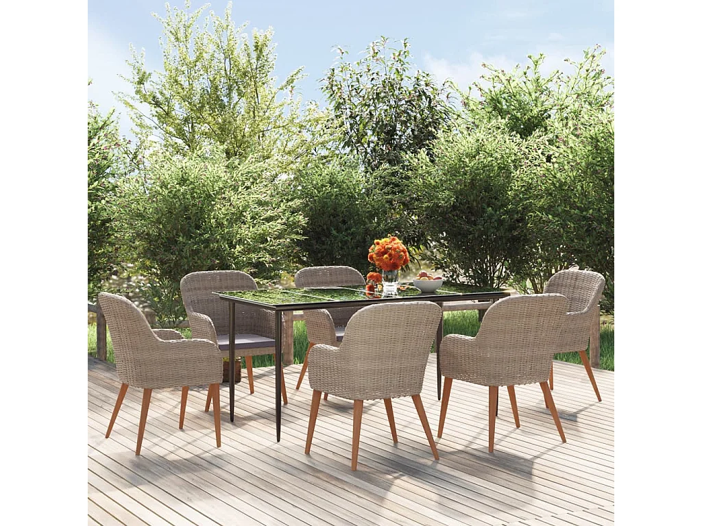 Ensemble à manger de jardin et coussins 7 pièces Marron