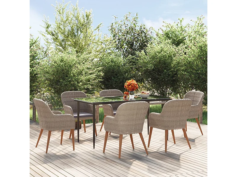 Ensemble à manger de jardin et coussins 7 pièces Marron