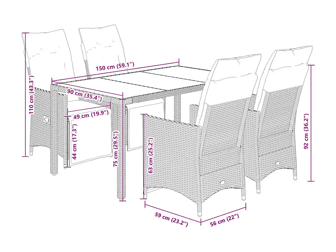 Set de muebles jardín 5 piezas con cojines ratán sintético negro