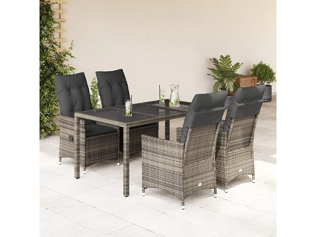Ensemble à manger de jardin 5 pièces coussins gris résine tressée