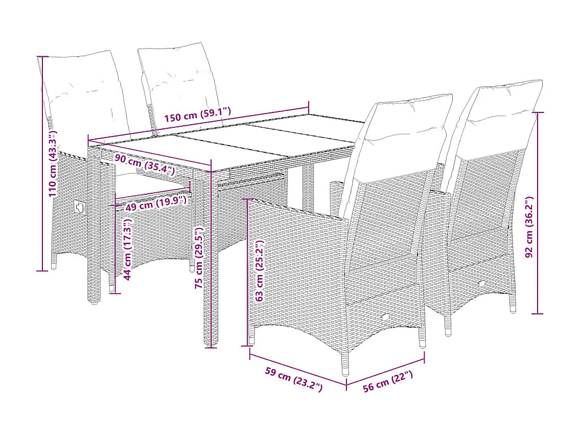 Ensemble à manger de jardin 5 pièces coussins gris résine tressée