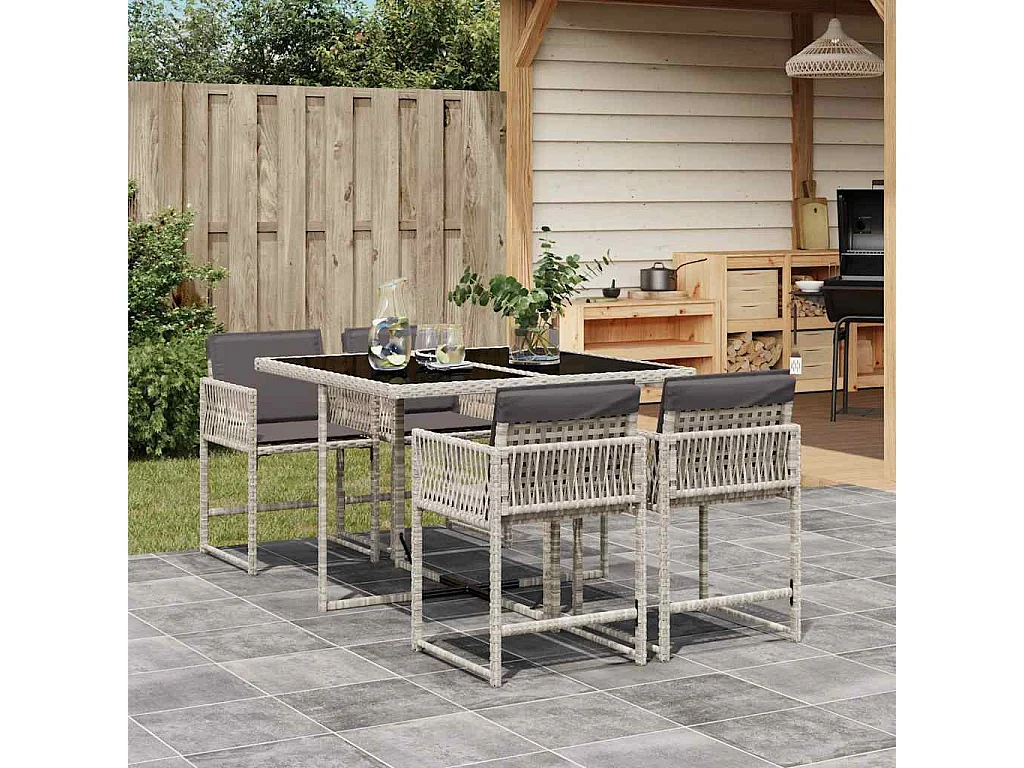 Set comedor de jardín 5 piezas cojines ratán sintético gris claro