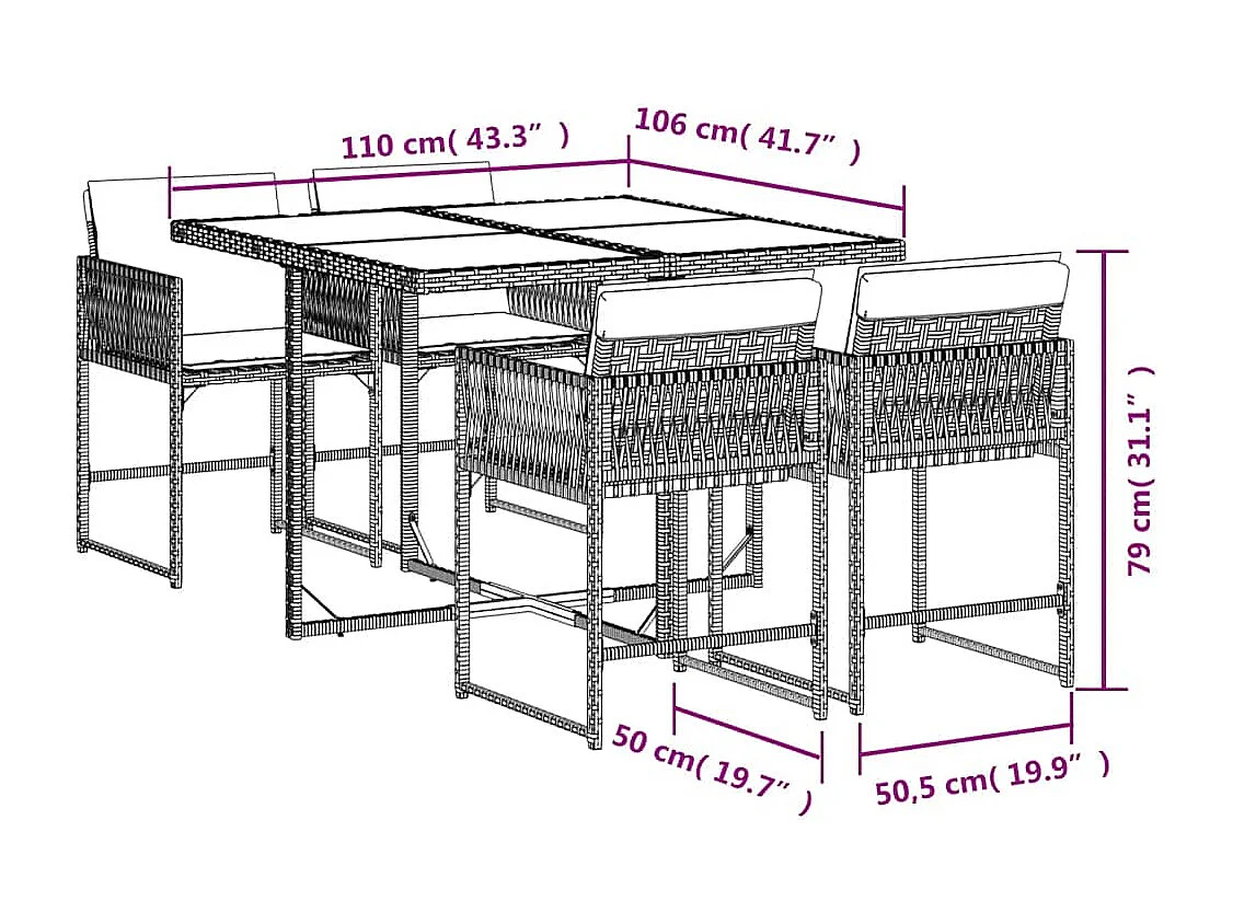Set comedor de jardín 5 piezas cojines ratán sintético gris claro