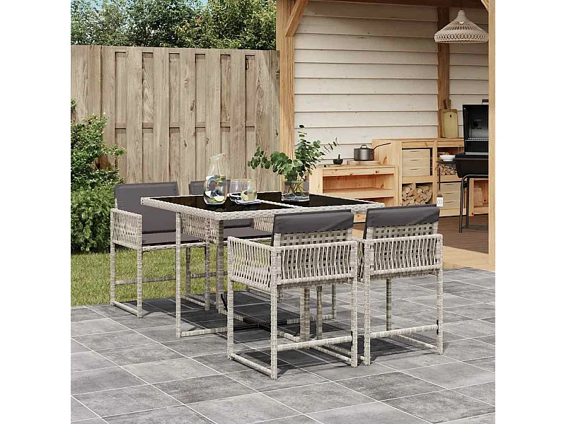 Set comedor de jardín 5 piezas cojines ratán sintético gris claro