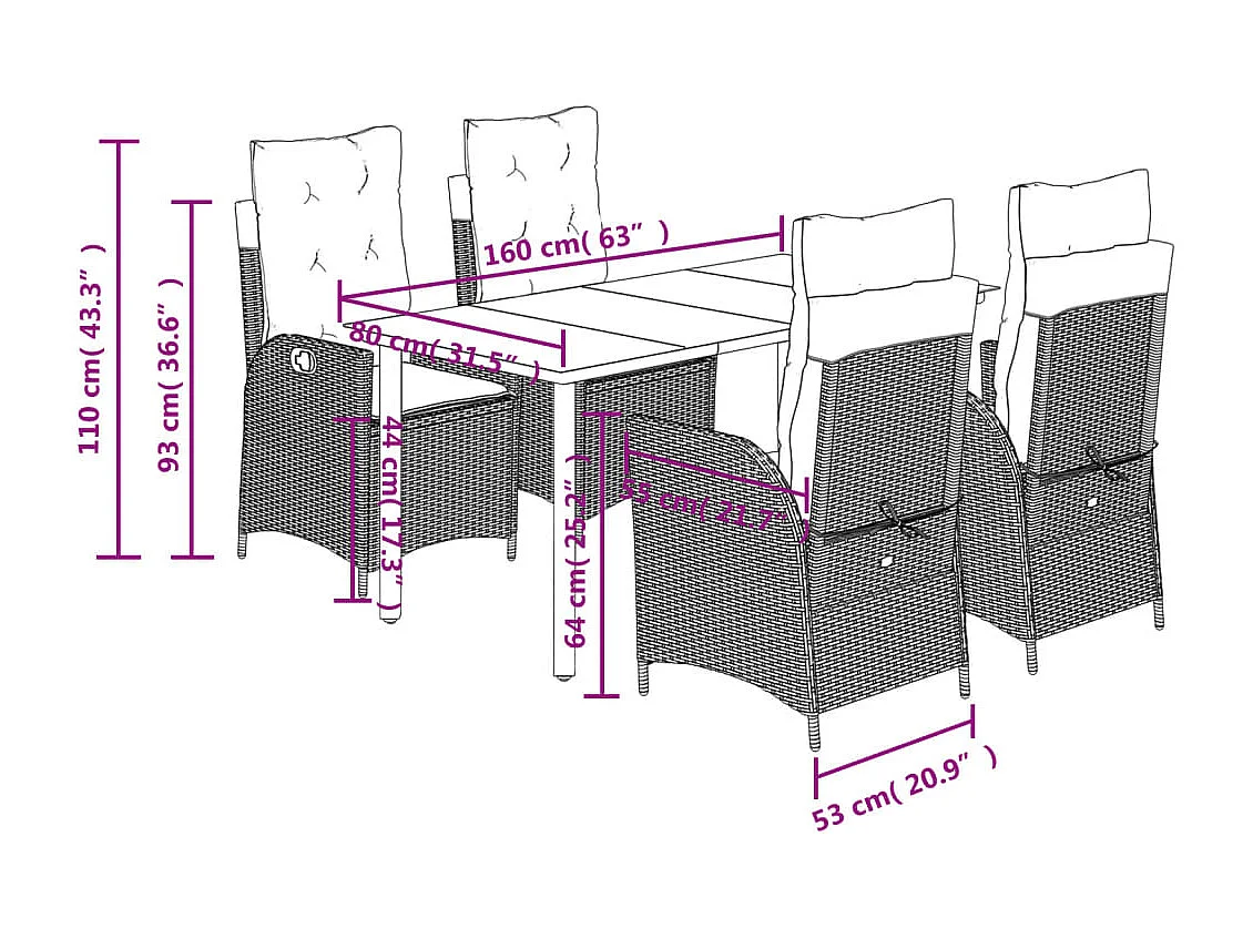 Set de muebles jardín 5 piezas con cojines ratán sintético negro