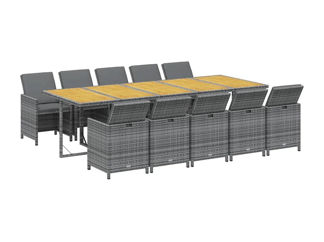 Set de comedor de jardín 11 piezas y cojines ratán sintético gris