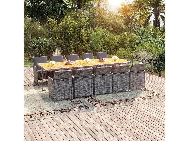 Set de comedor de jardín 11 piezas y cojines ratán sintético gris
