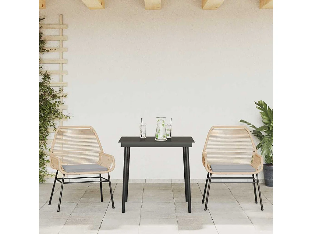 Ensemble à manger jardin coussins 3pièces marron poly rotin verre