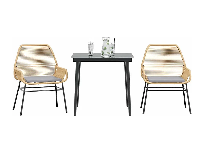 Ensemble à manger jardin coussins 3pièces marron poly rotin verre