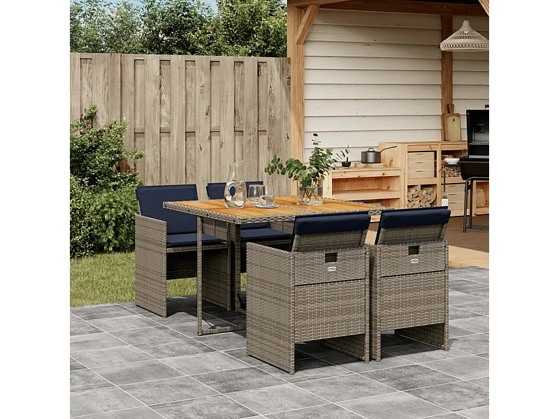 Ensemble à manger de jardin 5 pièces coussins gris résine tressée