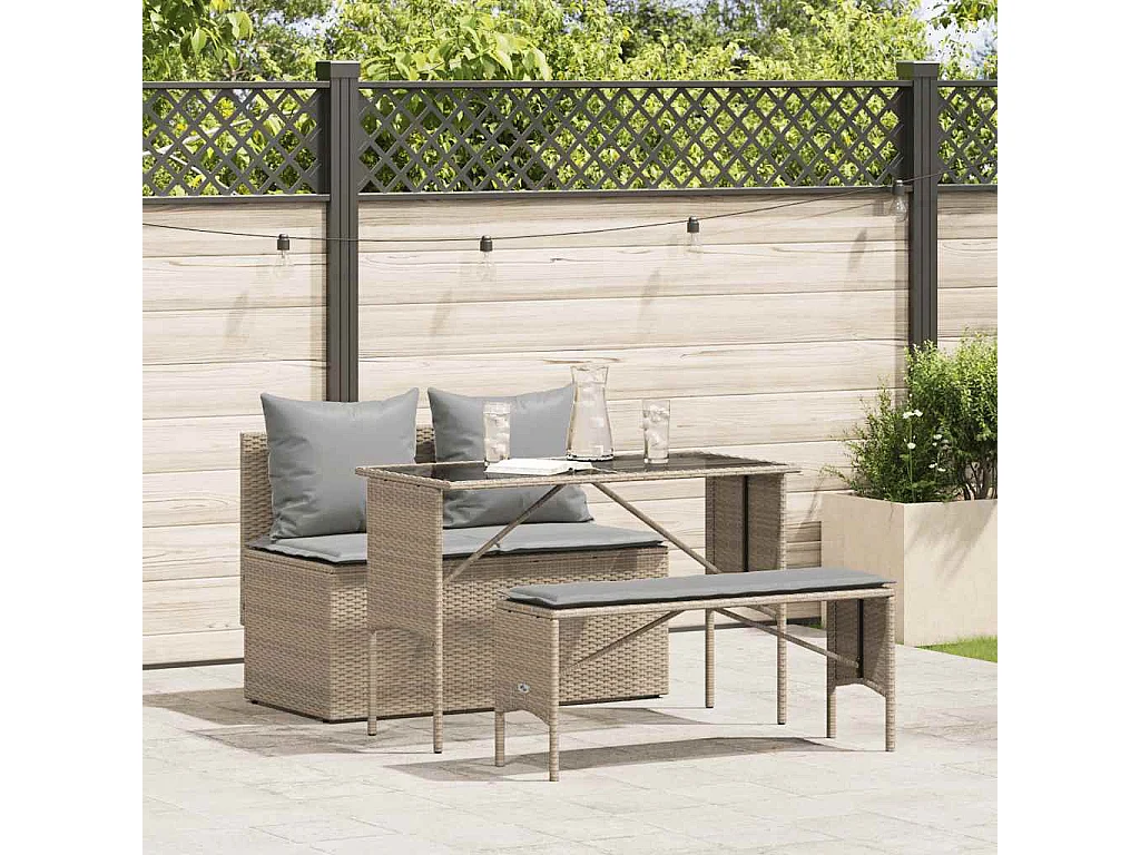 Set comedor de jardín 3 piezas con cojines ratán sintético beige