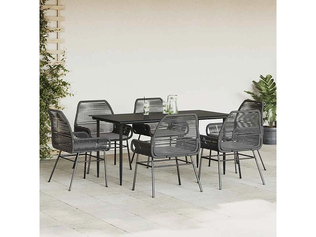 Ensemble à manger de jardin coussins 7pièces noir poly rotin verre