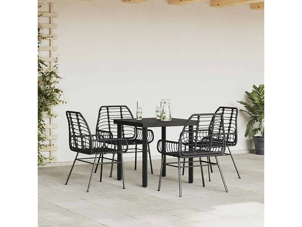 Juego de comedor jardín 5 piezas ratán sintético vidrio negro