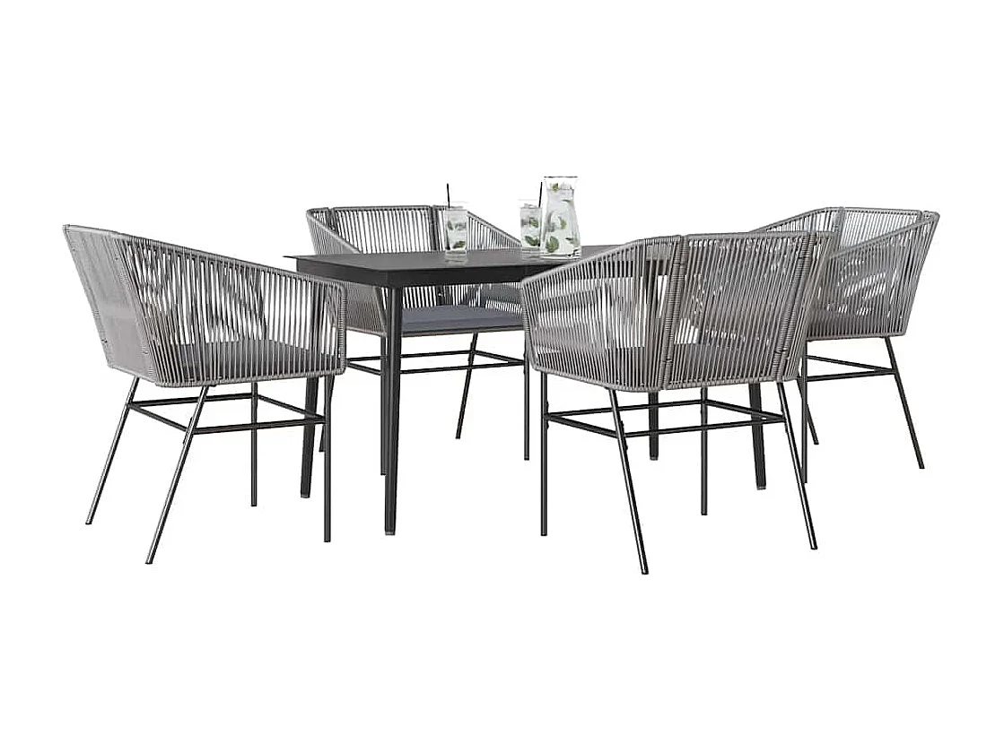 Juego comedor jardín 5 piezas cojines ratán sintético vidrio gris