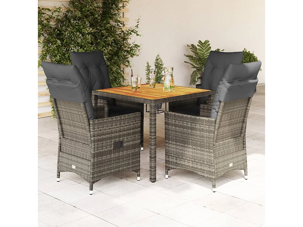 Ensemble à manger de jardin 5 pièces coussins gris résine tressée