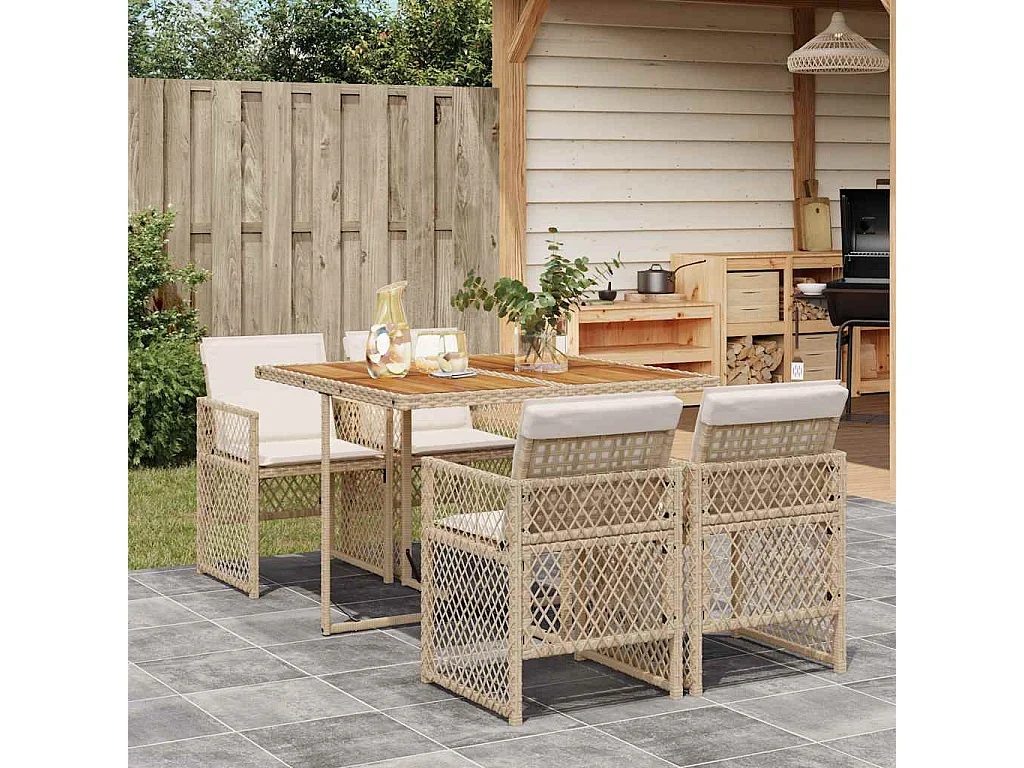 Set comedor de jardín 5 piezas con cojines ratán sintético beige