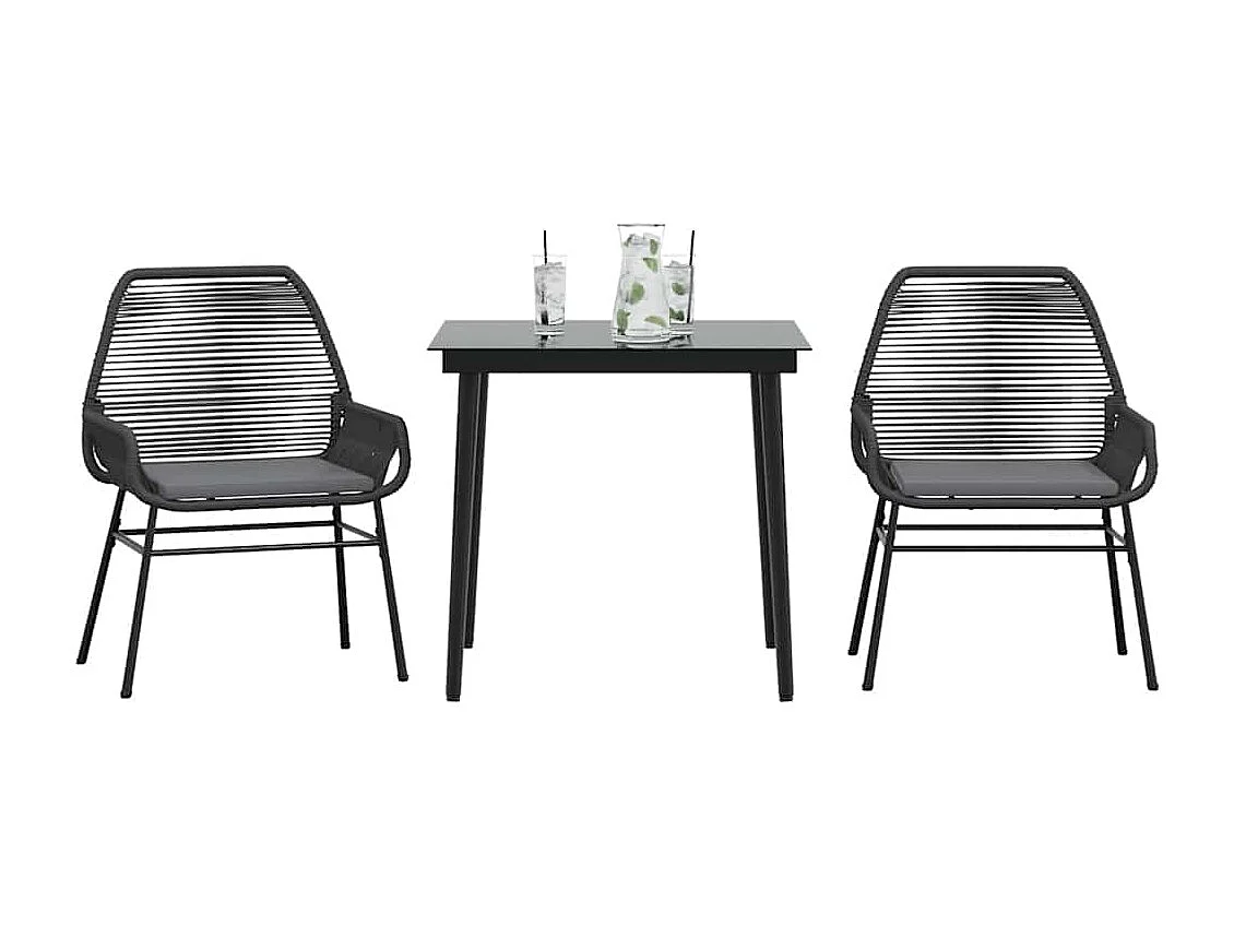 Ensemble à manger de jardin et coussins 3 pièces noir rotin verre
