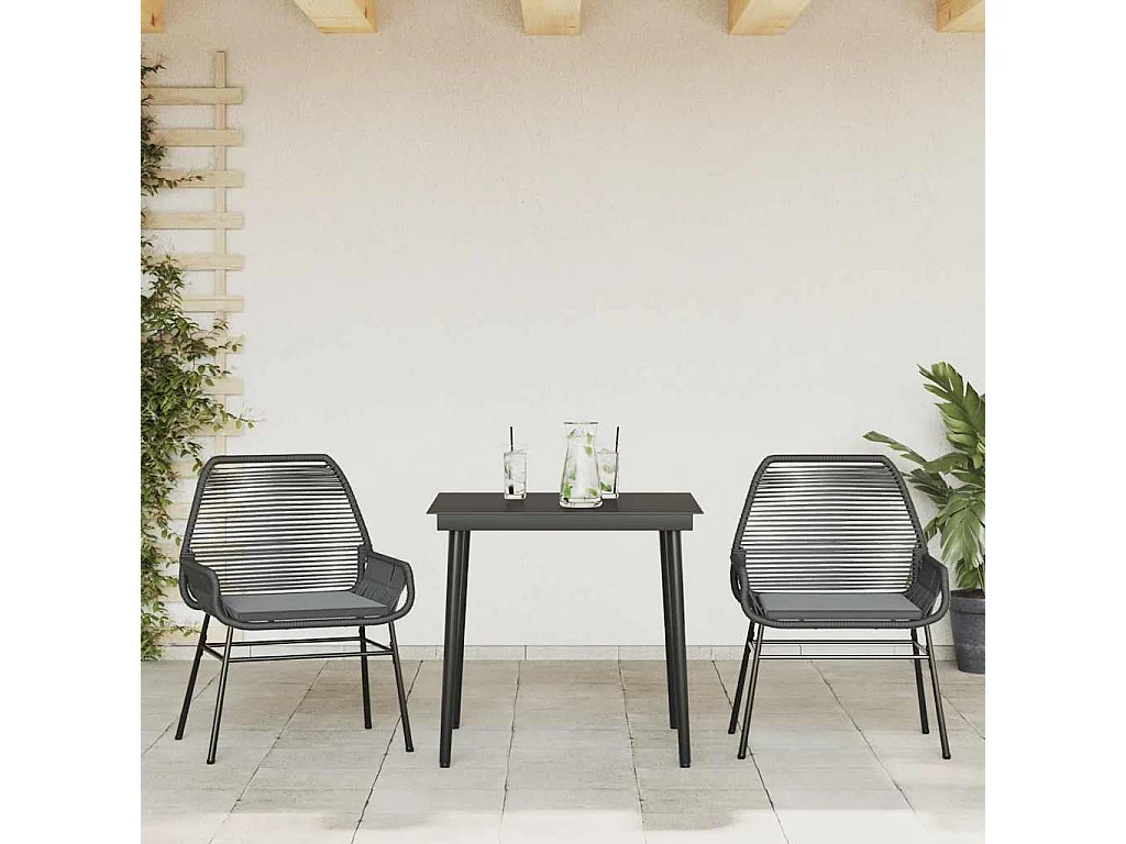 Ensemble à manger de jardin et coussins 3 pièces noir rotin verre