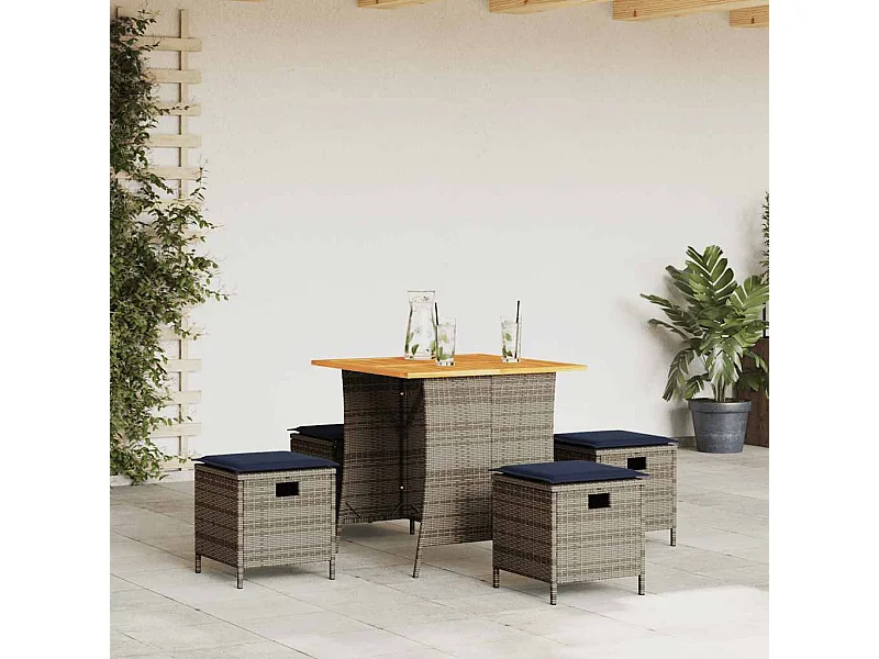 Ensemble à manger de jardin 5 pièces coussins gris résine tressée