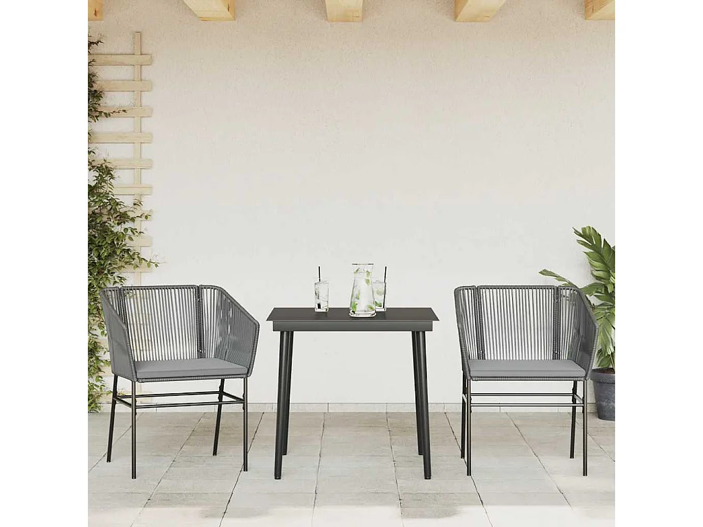 Juego comedor jardín 3 piezas cojines ratán sintético vidrio gris