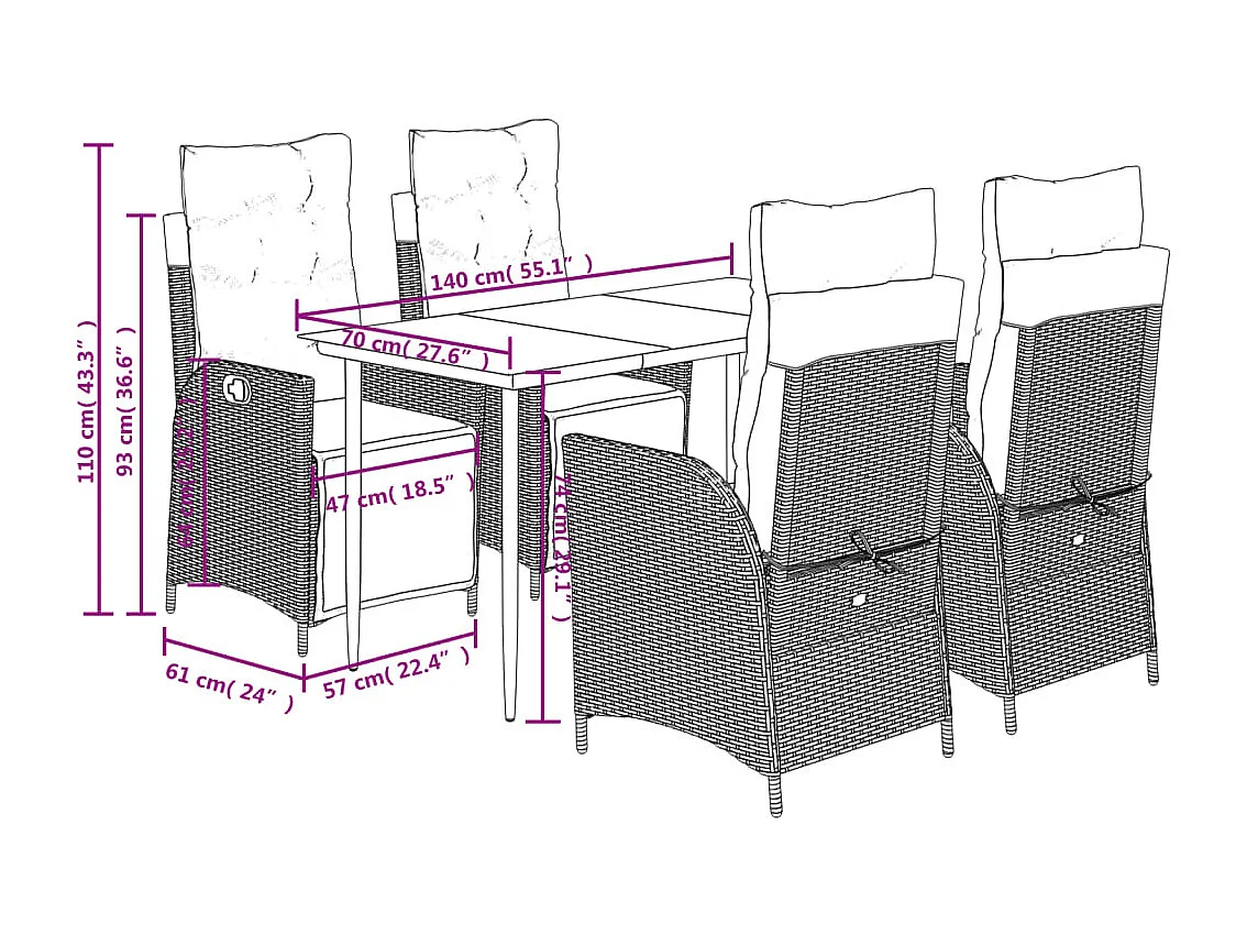 Set de muebles jardín 5 piezas con cojines ratán sintético negro