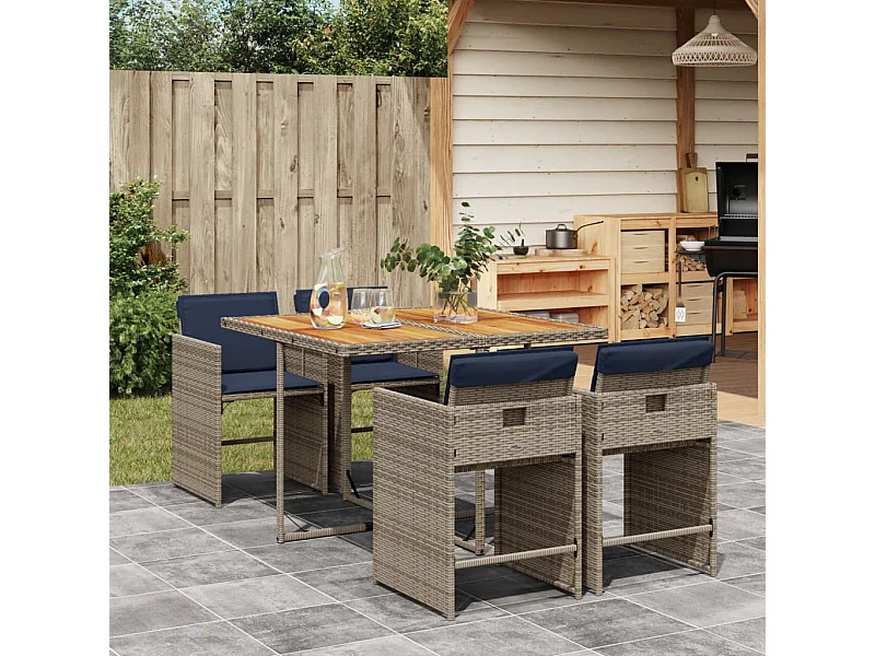 Ensemble à manger de jardin 5 pièces coussins gris résine tressée