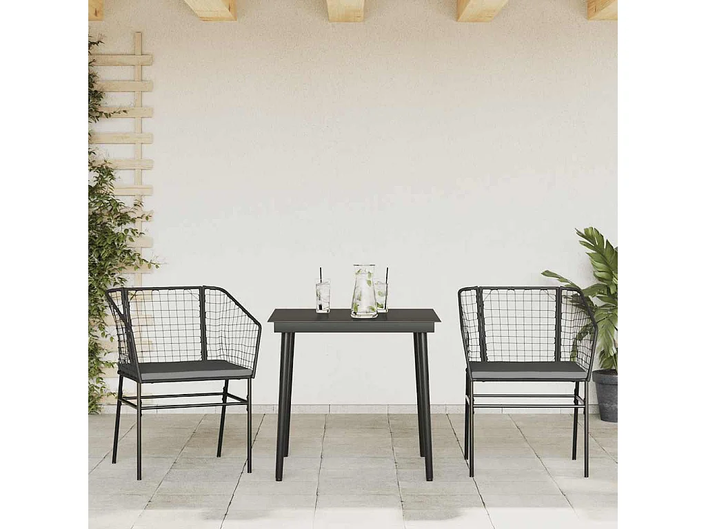 Set comedor jardín 3 piezas cojines ratán sintético vidrio negro