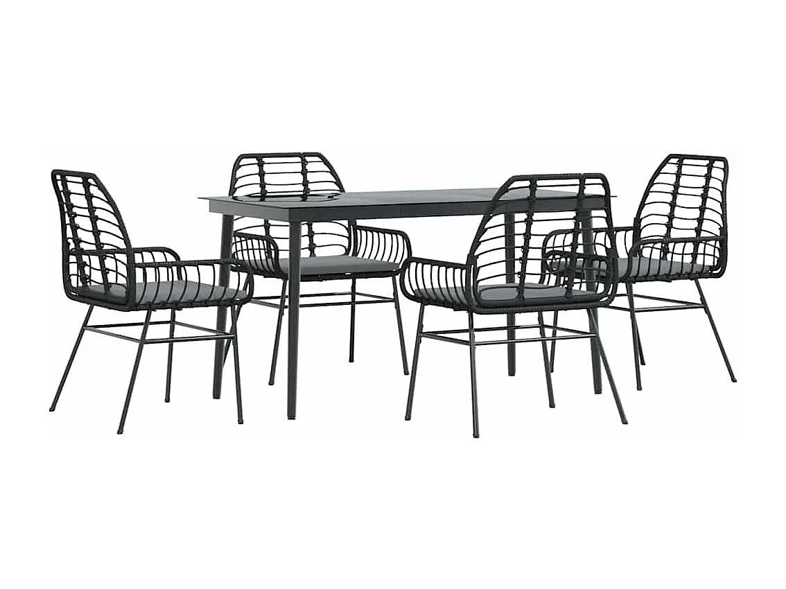 Ensemble à manger de jardin et coussins 5 pièces noir rotin verre