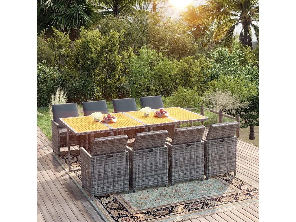 Set comedor jardín 9 piezas y cojines ratán sintético gris