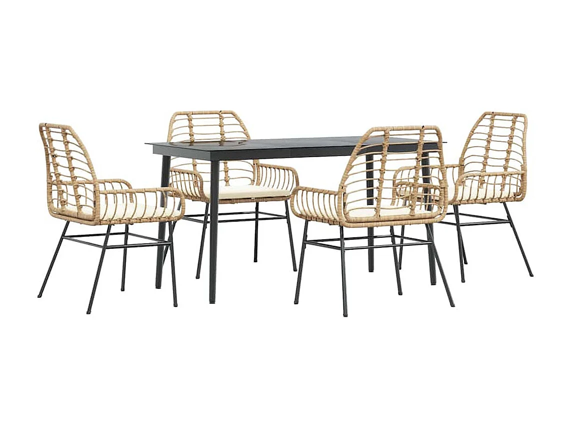 Ensemble à manger jardin coussins 5 pièces marron poly rotin verre