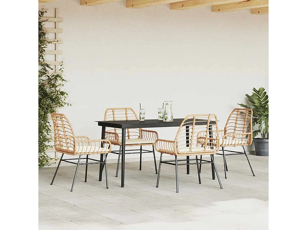 Ensemble à manger jardin coussins 5 pièces marron poly rotin verre