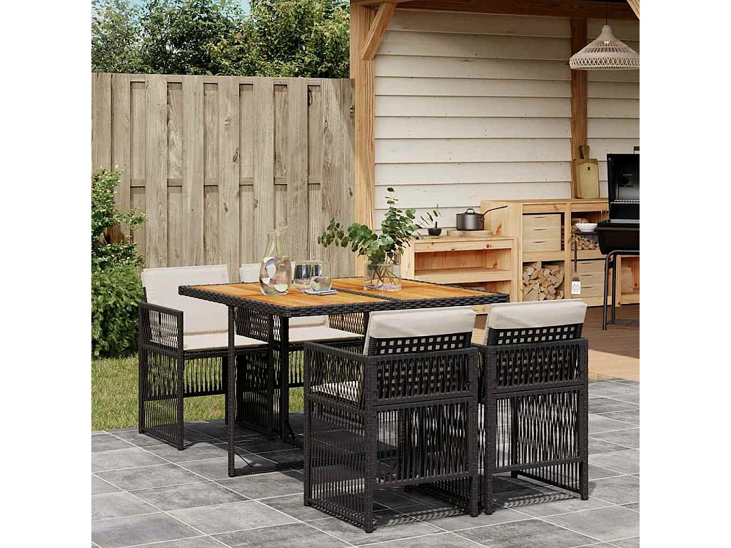 Set de muebles jardín 5 piezas con cojines ratán sintético negro