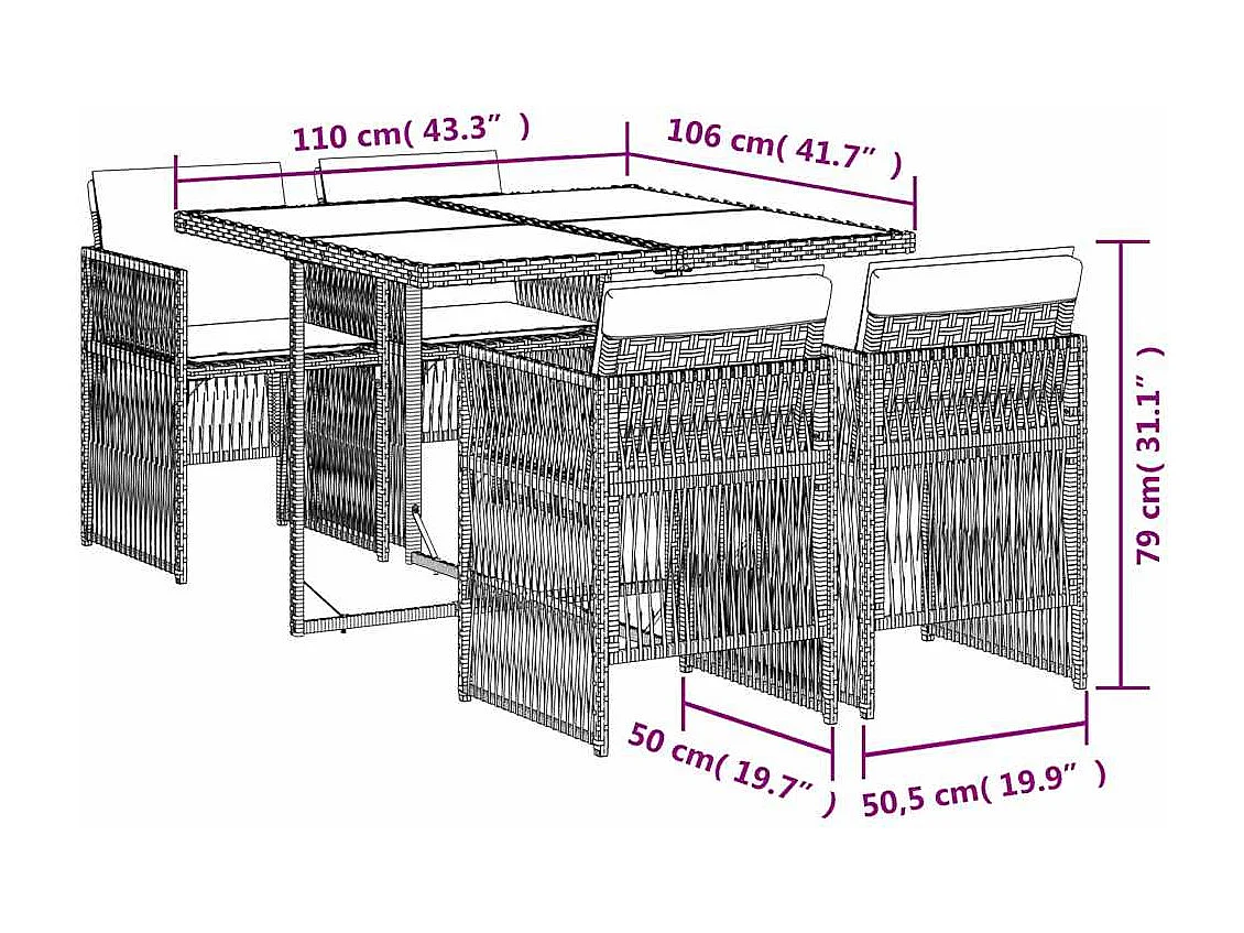 Set de muebles jardín 5 piezas con cojines ratán sintético negro