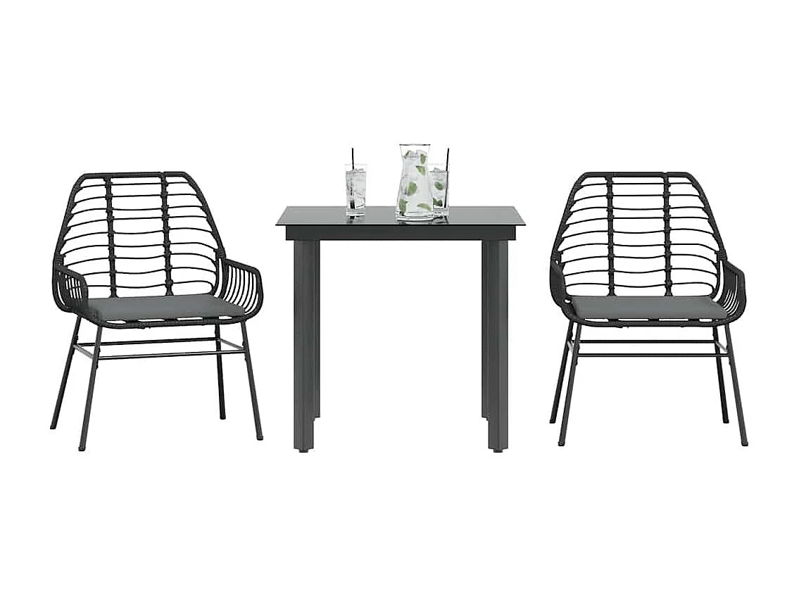 Set comedor jardín 3 piezas cojines ratán sintético vidrio negro