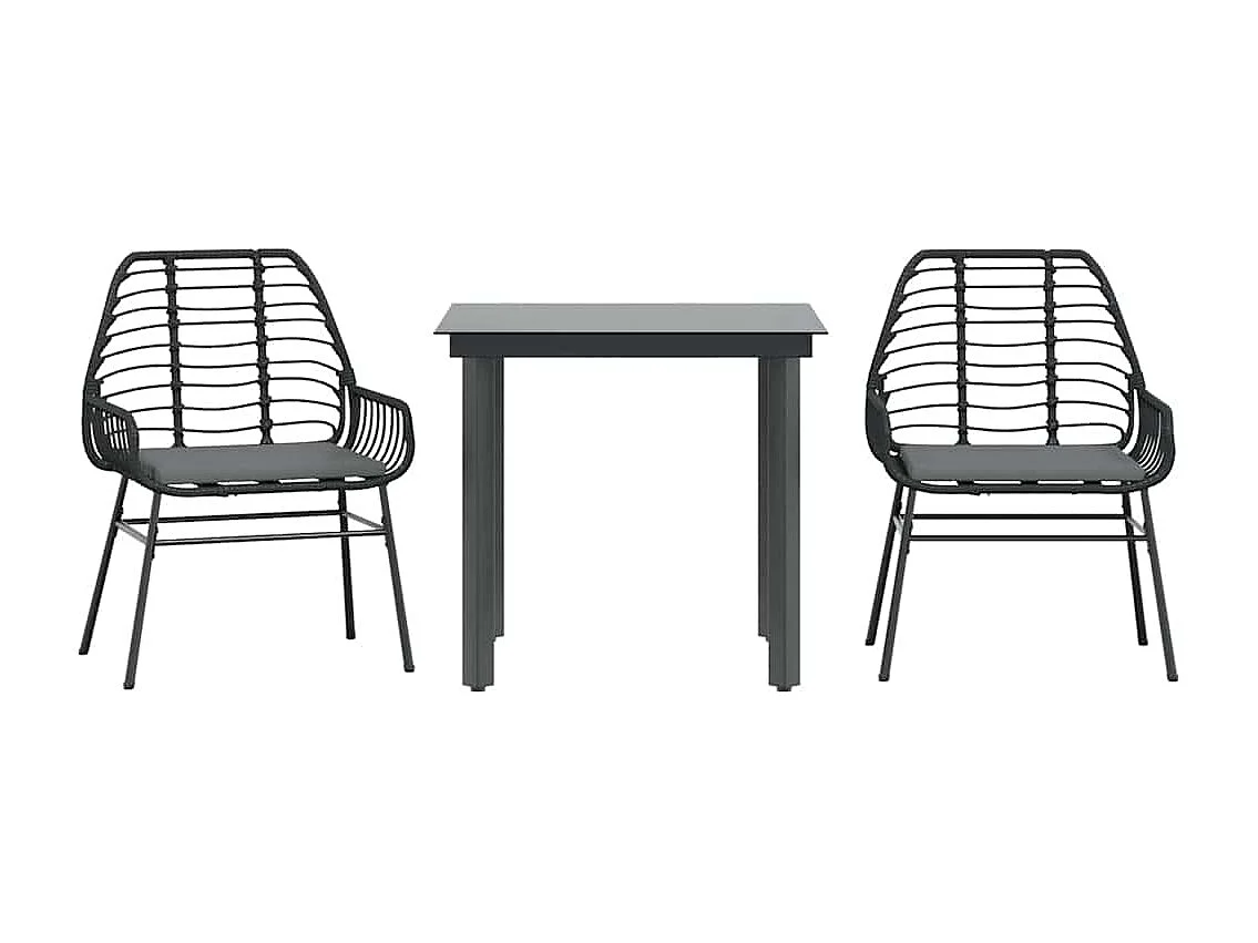 Set comedor jardín 3 piezas cojines ratán sintético vidrio negro