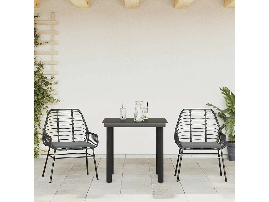 Set comedor jardín 3 piezas cojines ratán sintético vidrio negro