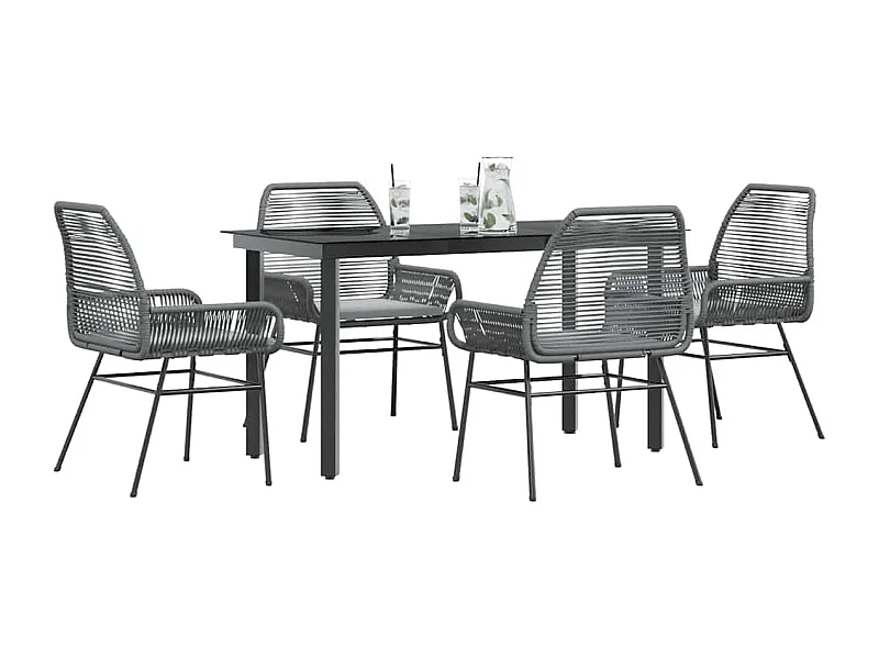 Ensemble à manger jardin coussins 5 pièces gris poly rotin verre