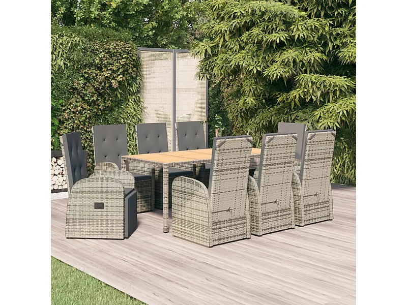 Ensemble à manger de jardin 9 pièces coussins gris résine tressée