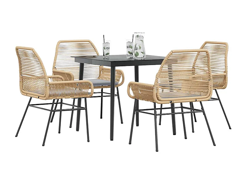 Ensemble à manger jardin coussins 5 pièces marron poly rotin verre