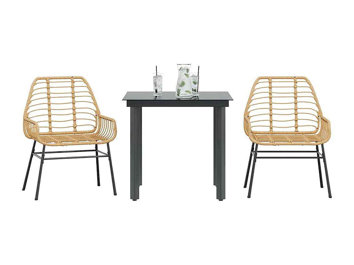 Juego de comedor jardín 3 piezas ratán sintético vidrio marrón