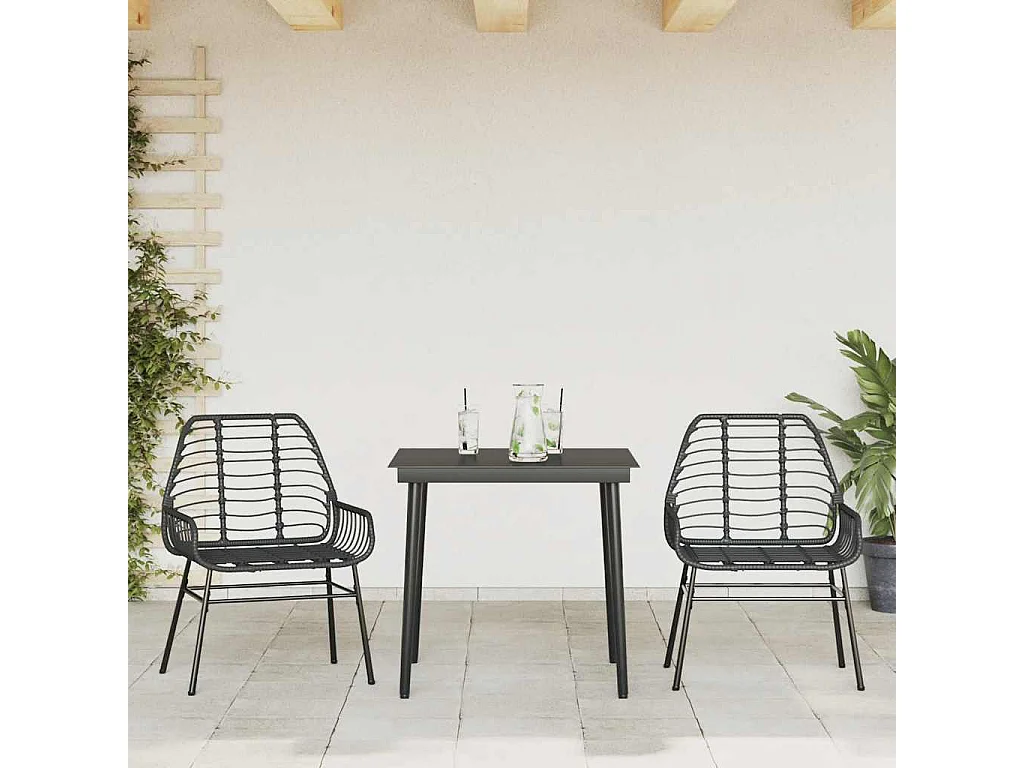 Ensemble à manger de jardin 3 pièces noir résine tressée verre